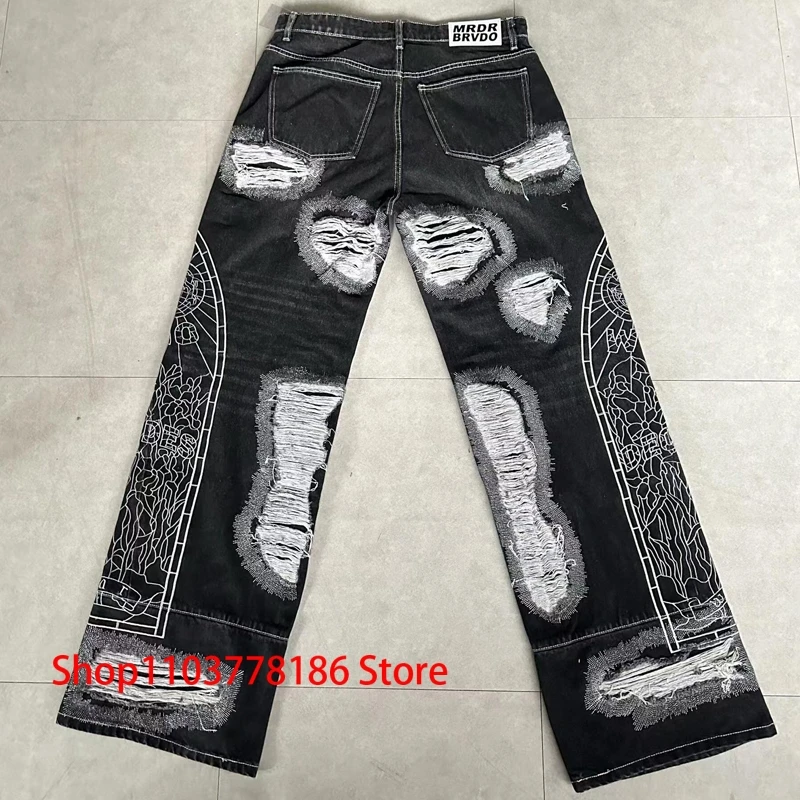 Who Decides War Jeans Euro-American High Street Embroidered Patch Black Straight Pants Hip Hop Rock Style Denim Trousers Men