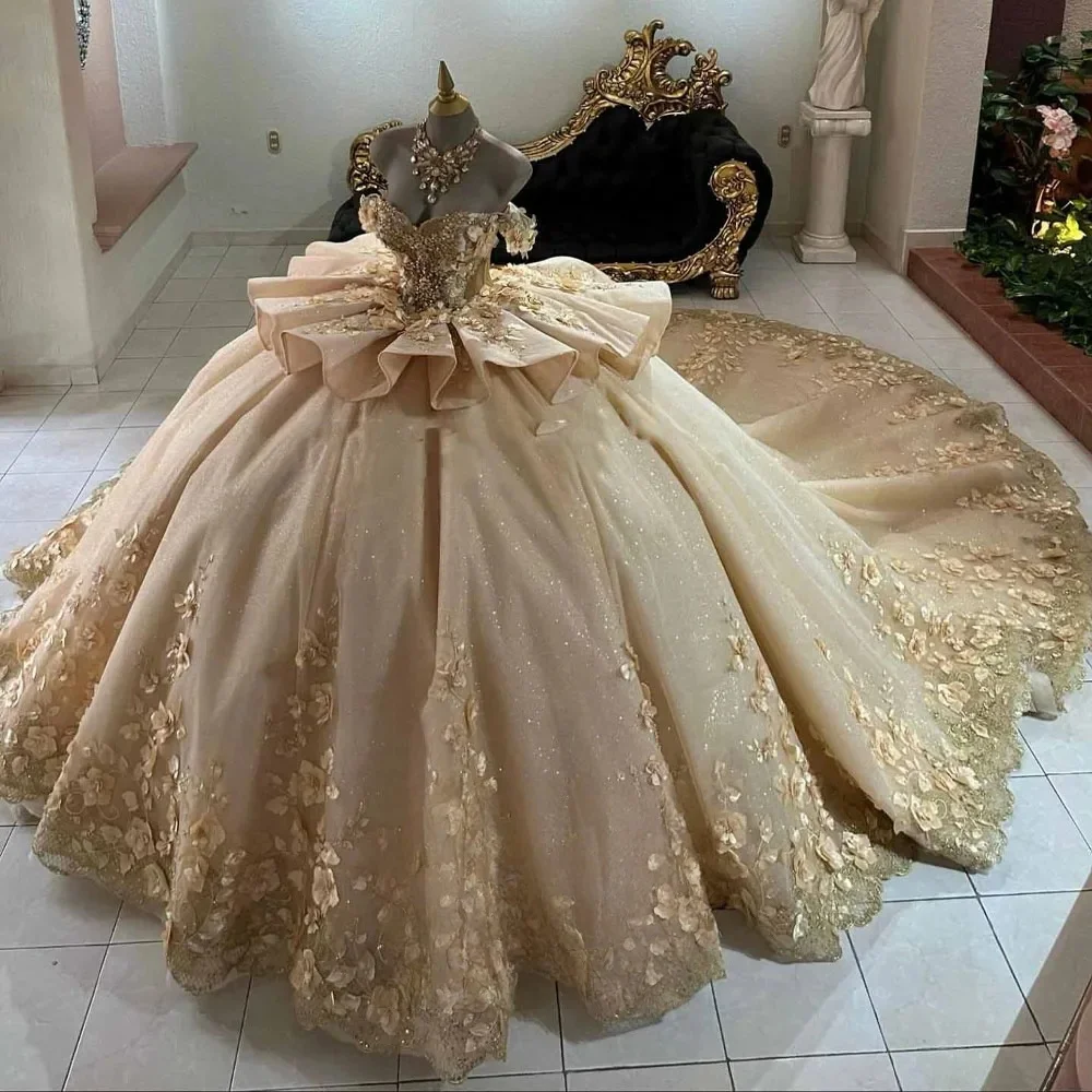Champagne Charro Quinceanera Dresses Ball Gown Off The Shoulder Floral Mexican Sweet 16 Dresses 15 Anos Customized