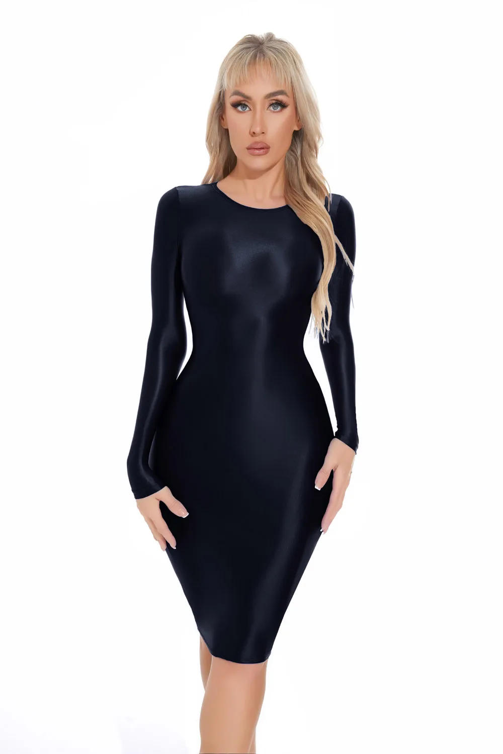 M XL Langarm Glänzendes Midi-Kleid Strumpfhosen-Paket Hüftminirock Sexy Clubwear Vestido Bodycon-Kleider Bodystocking Robe – Detail 5