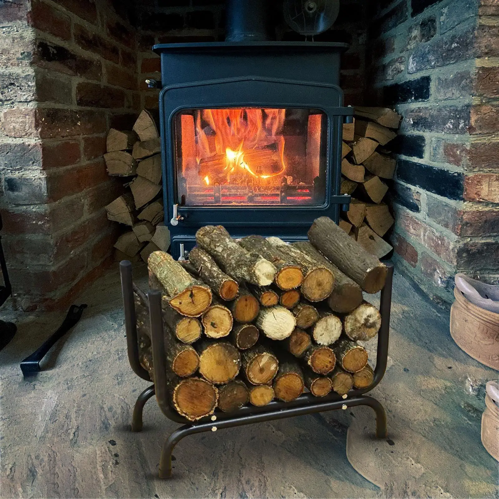 Iron Firewood Rack Curved Log Holder Stand for Fireplace Wood Storage Stacker Indoor Patio Garden Use