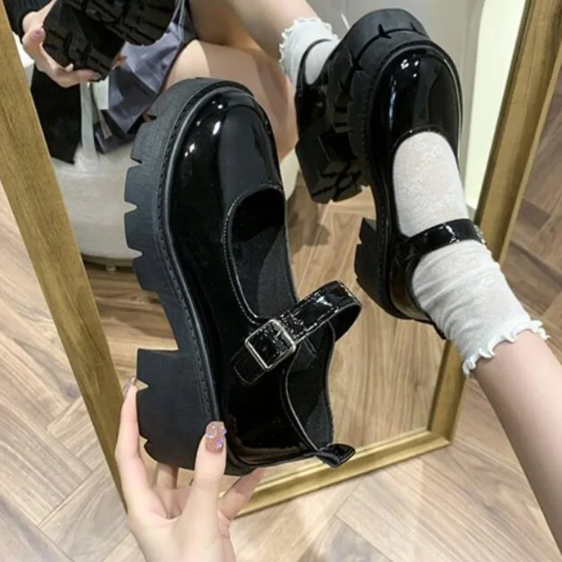 

Lolita Shoes Japanese Girl Platform Black high heels fashion Round Toe Mary Jane Women Patent faux Leather Student Cosplay Shoes