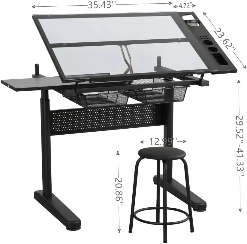 Drafting Table with Storage and Side Tray, Adjustable Drawing Desk Tempered Glass Drafting Desk with 2 Slide Drawers and Stool, for Home Office