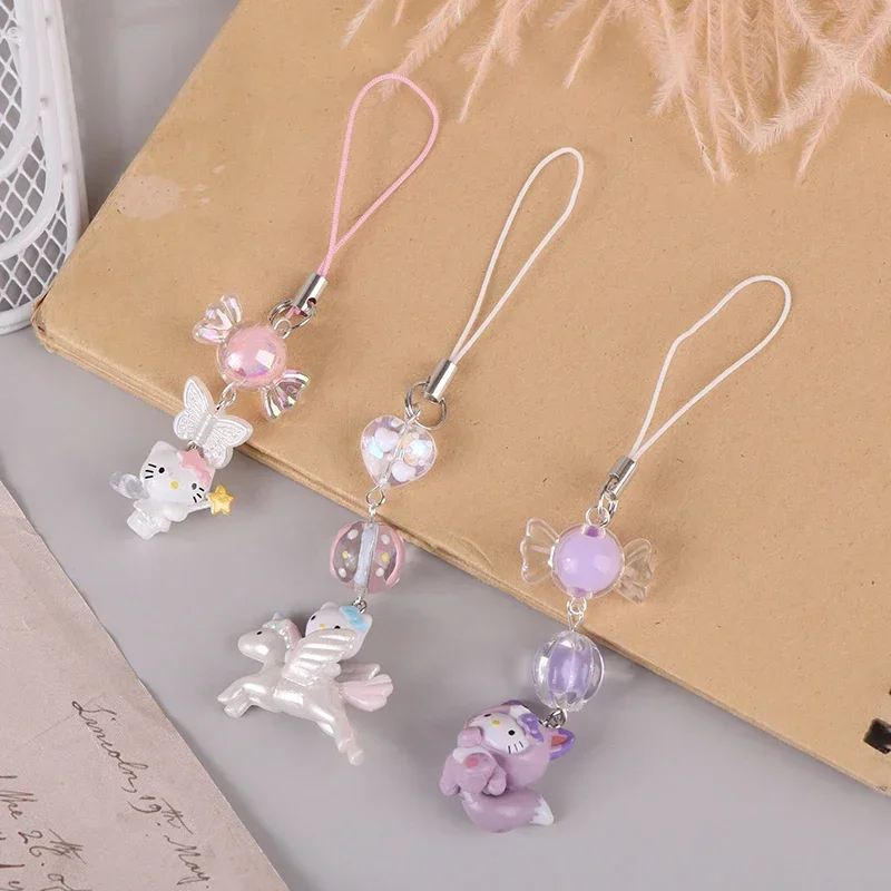 Kawaii Sanrio Hello Kitty Creative Beaded Keychain Girl Cute Cartoon Phone Camera Hanging Backpack Decoration Pendant Gifts