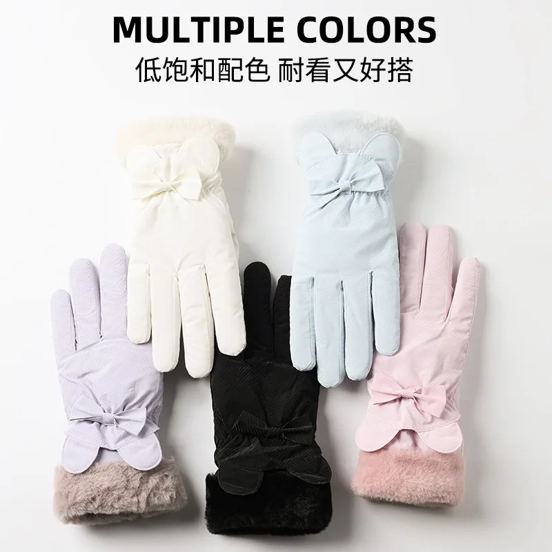 겨울에 여성을위한 귀여운 활 따뜻한 장갑 플러스 벨벳 두꺼운 사이클링 야외 스키 터치 스크린 방수 스포츠 장갑