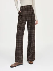 FSLE Office Lady American Retro Plaid Casual Pants for Women Brown 2024 Autumn Winter New Straight Leg Pants 24FS14560