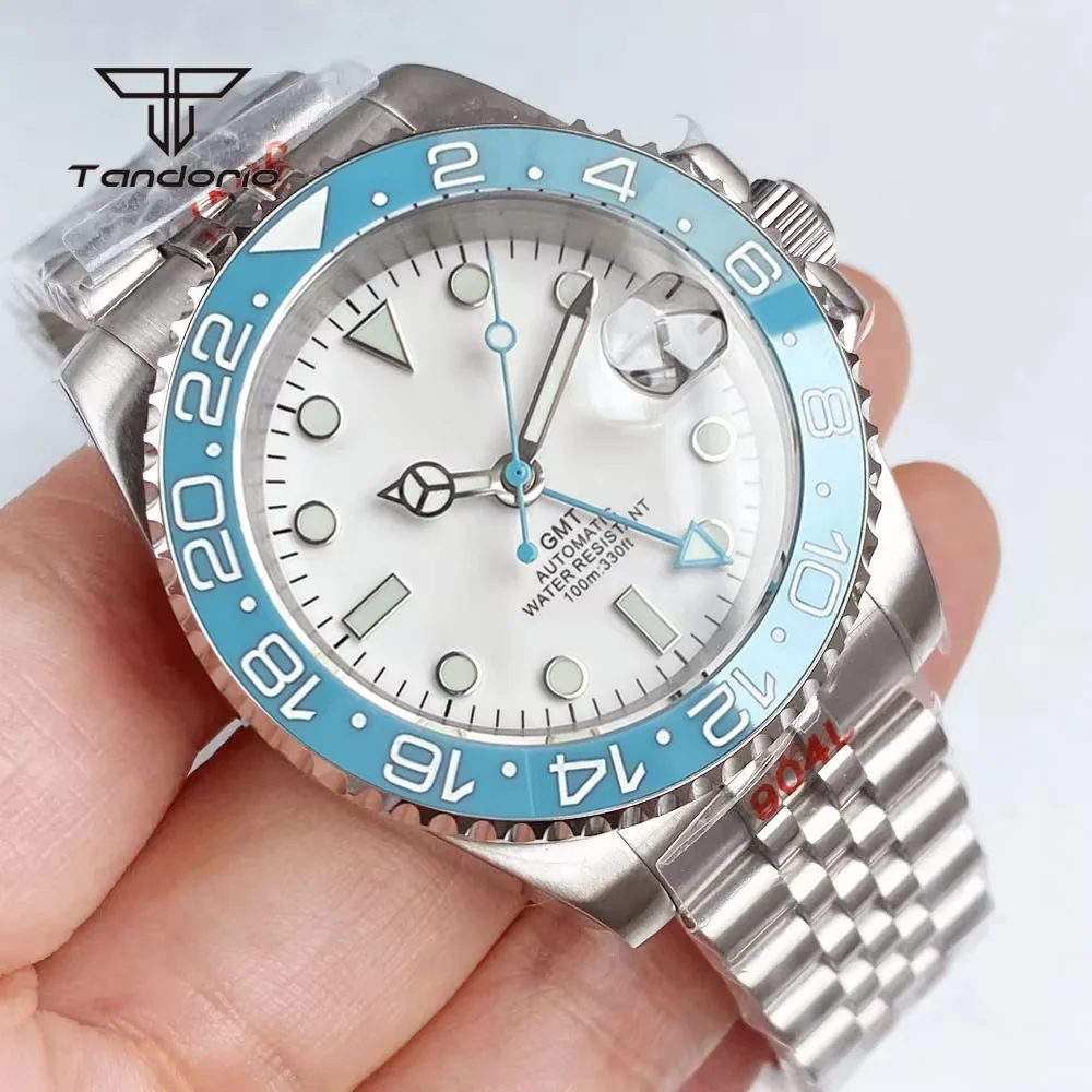 Tandorio Automatic NH34 Stainless Steel Men's Watch Blue 24H Bezel Sapphire Date GMT 40mm Mechanical Dive Wristwatch Luminous