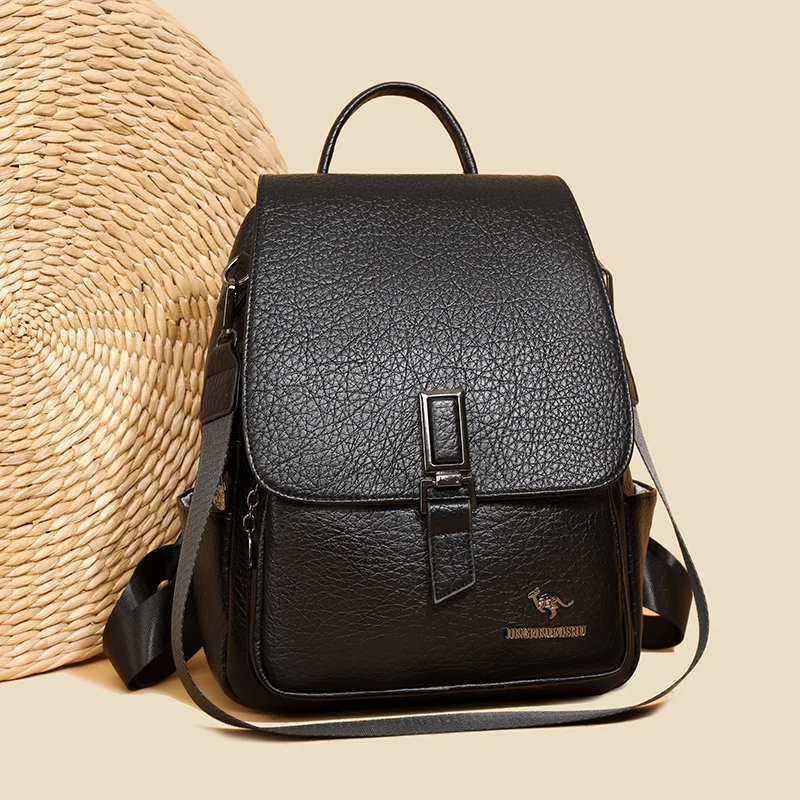 Soft PU Leather Large Capacity Travel Backpack Women's 2025 New Korean Style Versatile Student Bookbag Urban Minimalist Style Wa