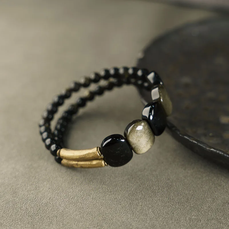 Natrual Golden Obsidian Stone Brass Bracelet Metal Two Row Beaded Small Beads Romantic Peace Unisex Punk Street Black Jewelry