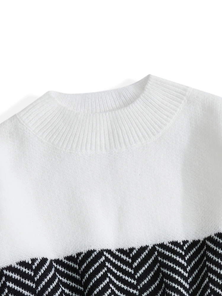 ONELINK Woolen Herringbone Pattern Black White Plus Size Women Autumn Winter Pullover Sweater O Neck Oversize Woolen Clothing