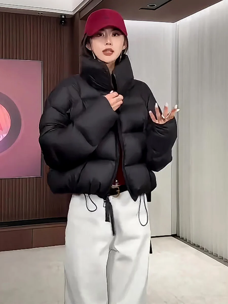 

Черная короткая женская утепленная куртка-пуховик с воротником-стойкой, теплая верхняя одежда свободного кроя на молнии, повседневный стиль