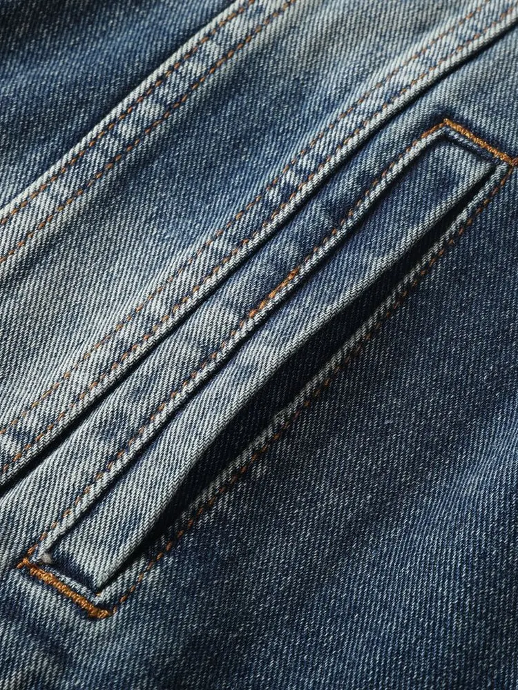 가을 겨울 남성 데님 재킷 딥 블루 찢어진 스플라이싱 캐주얼 재킷 스탠드 핏 패션 어반 스타일 면 폴리에스터 혼방