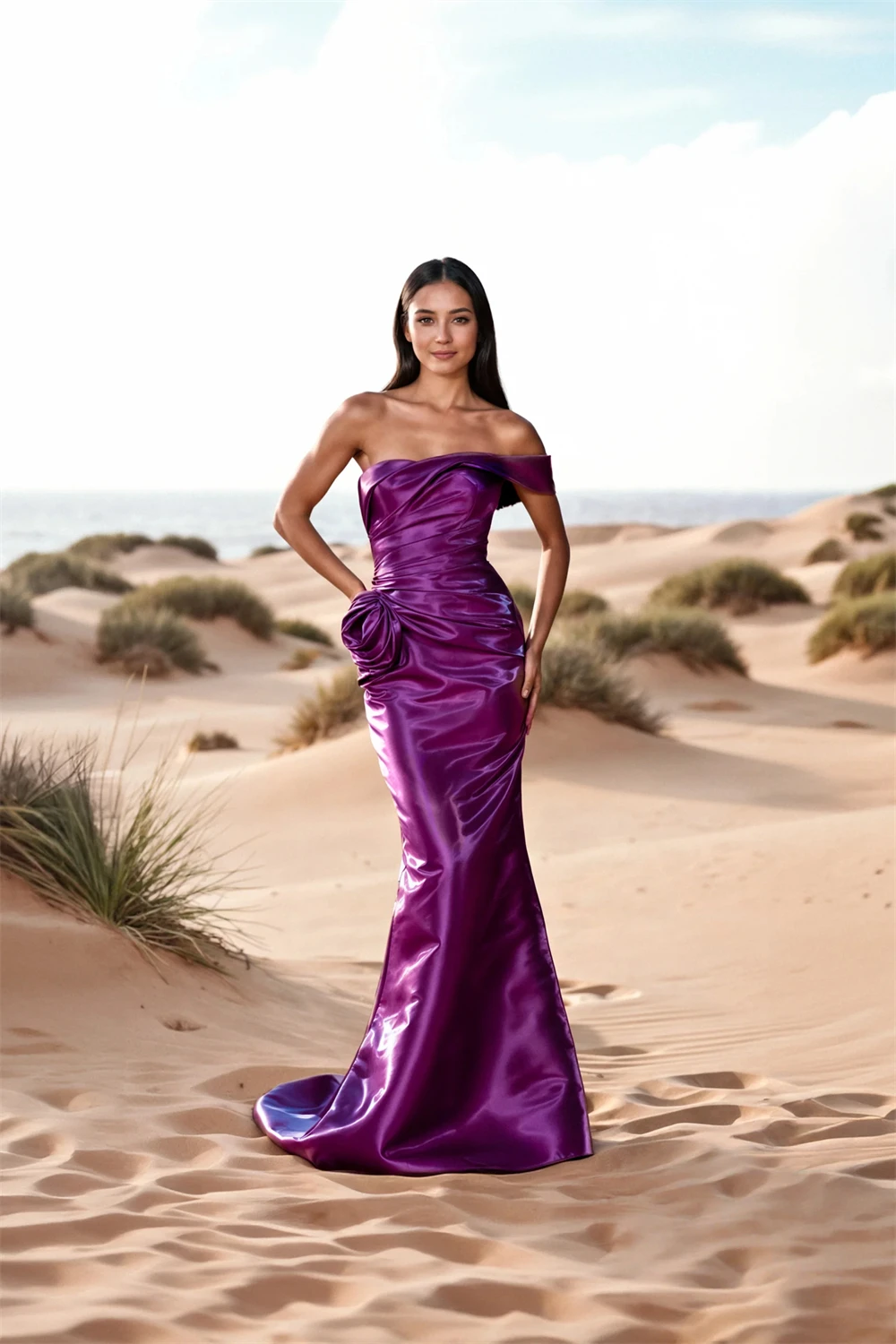 

Purple One Shoulder Flower Evening Dress Strapless Sleeveless Backless Mermaid Floor-Length Wedding Party Dress Pleated Customiz