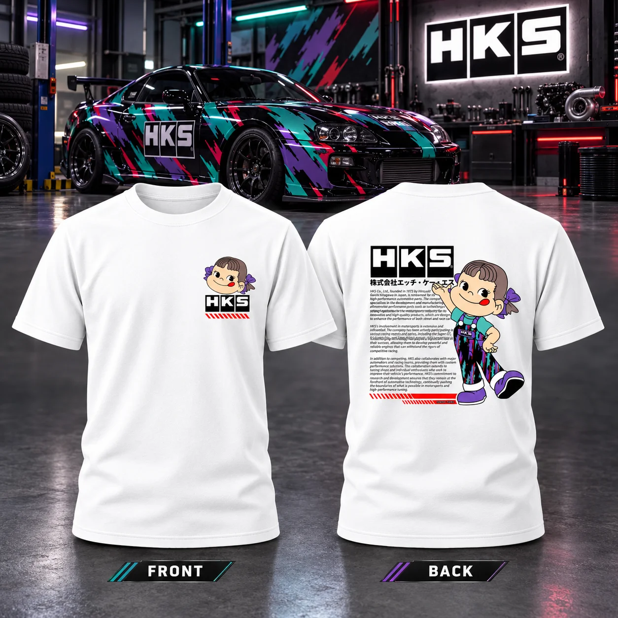 HKS Peko Chan JDM Racing Cartoon Girl Graphic Tee T Shirt Men's Women's Unisex Cotton Retro Edgy Cool Oversized Short Sleeve Top