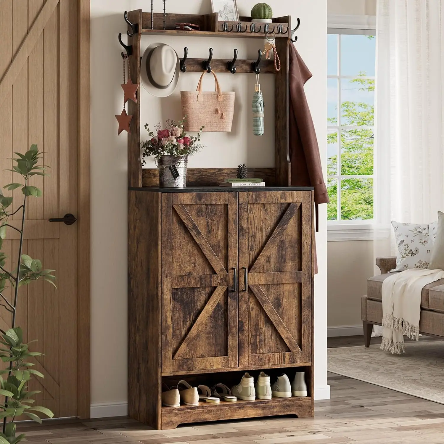 Farmhouse Hall Tree with Shoe Storage Cabinet, 14 Coat Hooks & 6 Tier Organizer, Rustic Brown