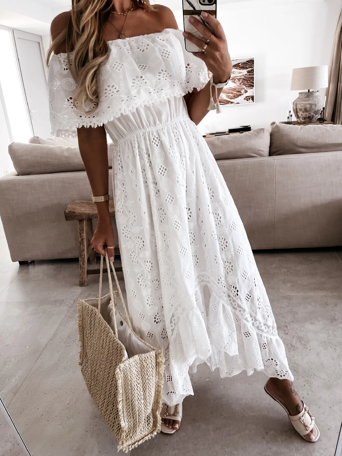 Women Summer Dress Off Shoulder Middle Waist Lace Embroidered Solid Color Irregular Dresses Cover-ups Long Maxi Dresses