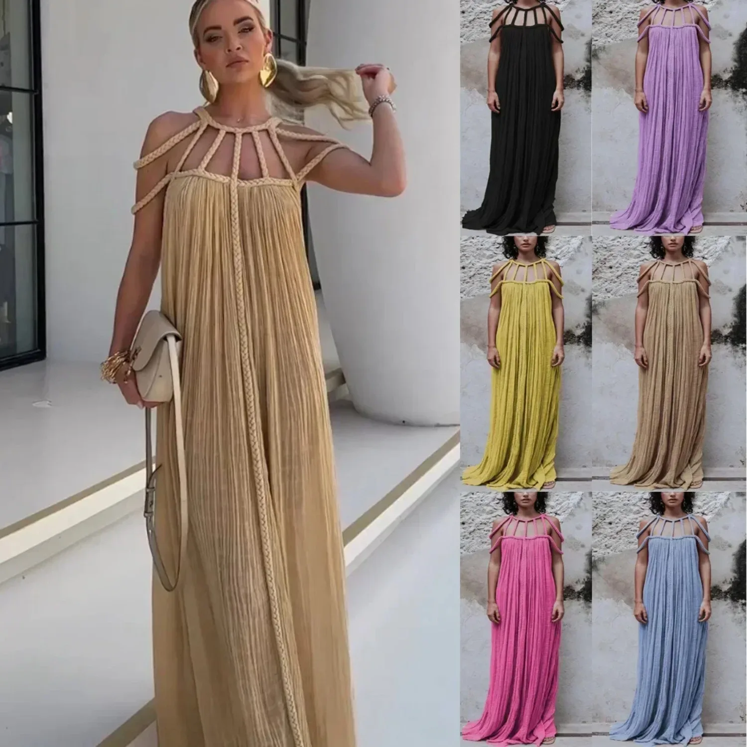 Women's S-XL Size Spring Summer New Leisure Drawstring Multi color Dress INS Vacation Loose Fashion Slimming Versatile New Dress