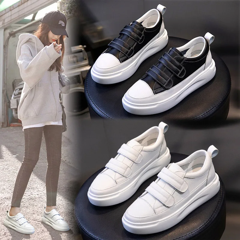 CXJYWMJL Genuine Leather Women Platform Sneakers Hook & Loop Sports Little White Shoes Ladies Thick Soled Vulcanized Shoes Flats