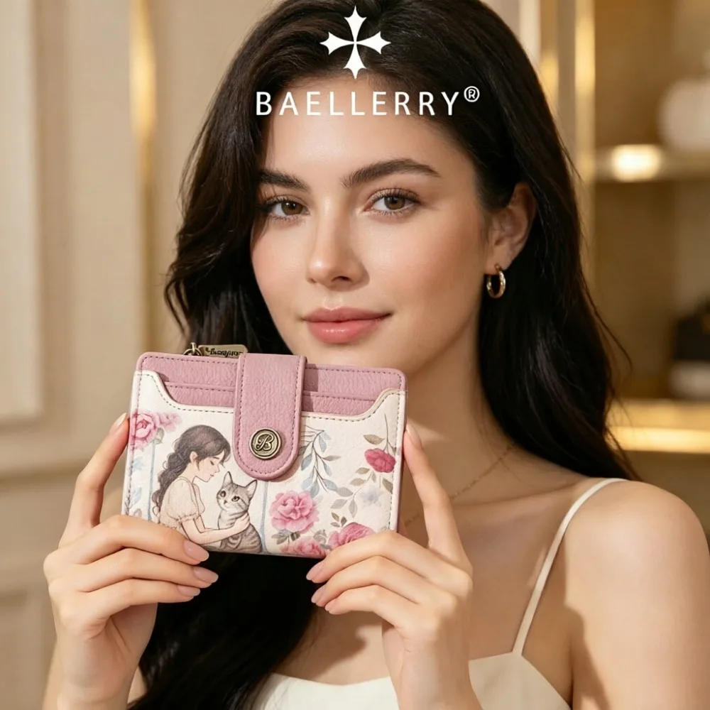 Baellerry Floral Print Women's Short Wallet Large Capacity Card Holder Photo Clip Fashionable Cute Zipper Coin Purse