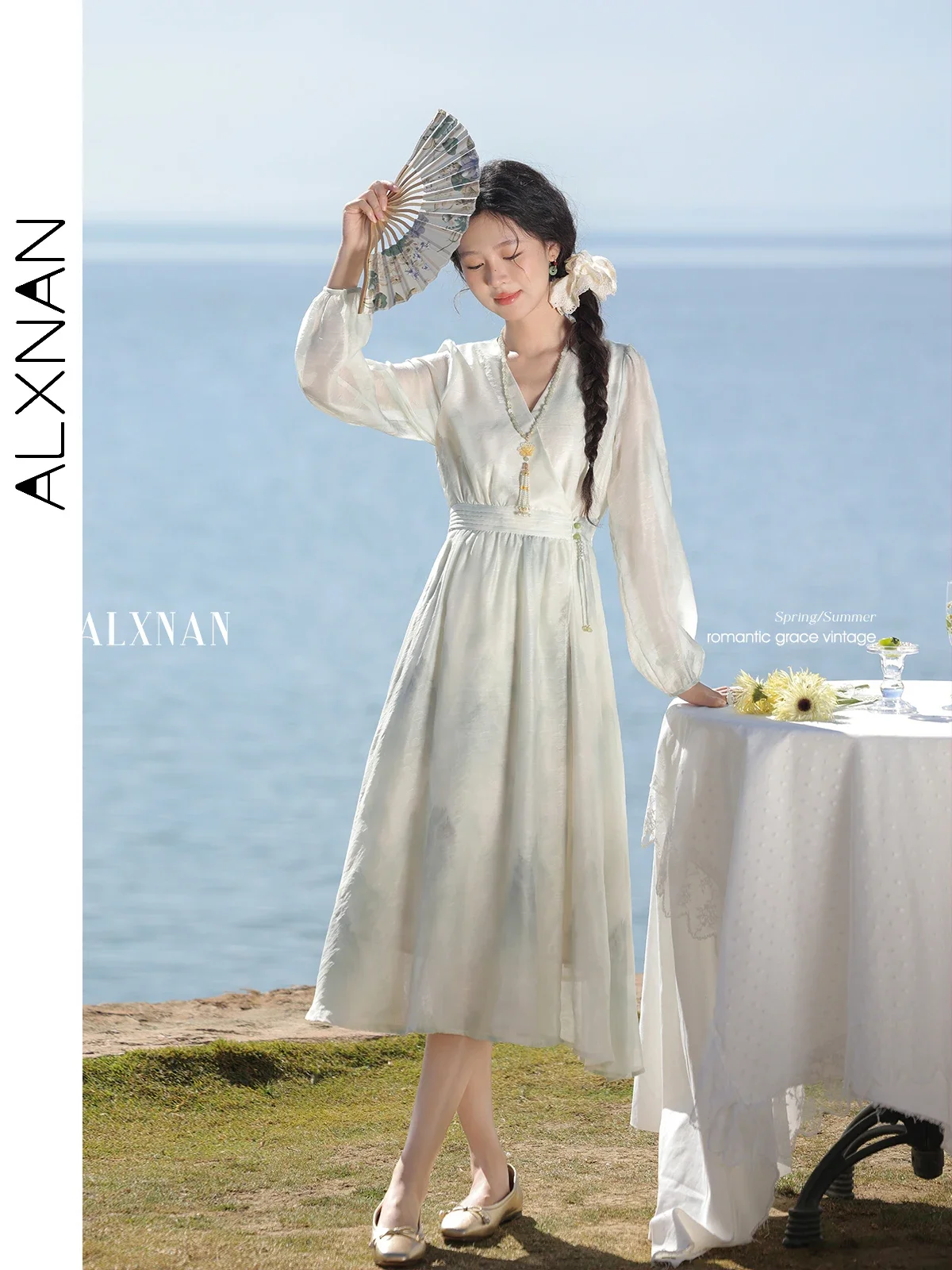 

ALXNAN Light Green Long Dress Woman Holiday Printed Long Sleeve Dresses Elegant French Vacation Beach Ladies Clothing L52962