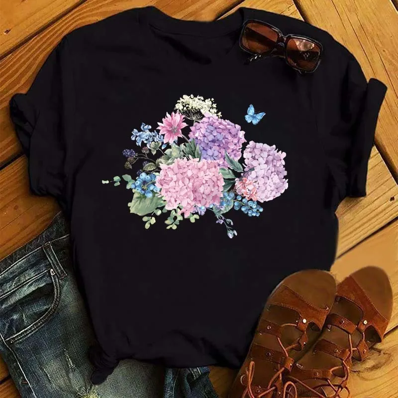 Camiseta con estampado de flores y mariposas para mujer, blusa informal de manga corta, ropa estampada