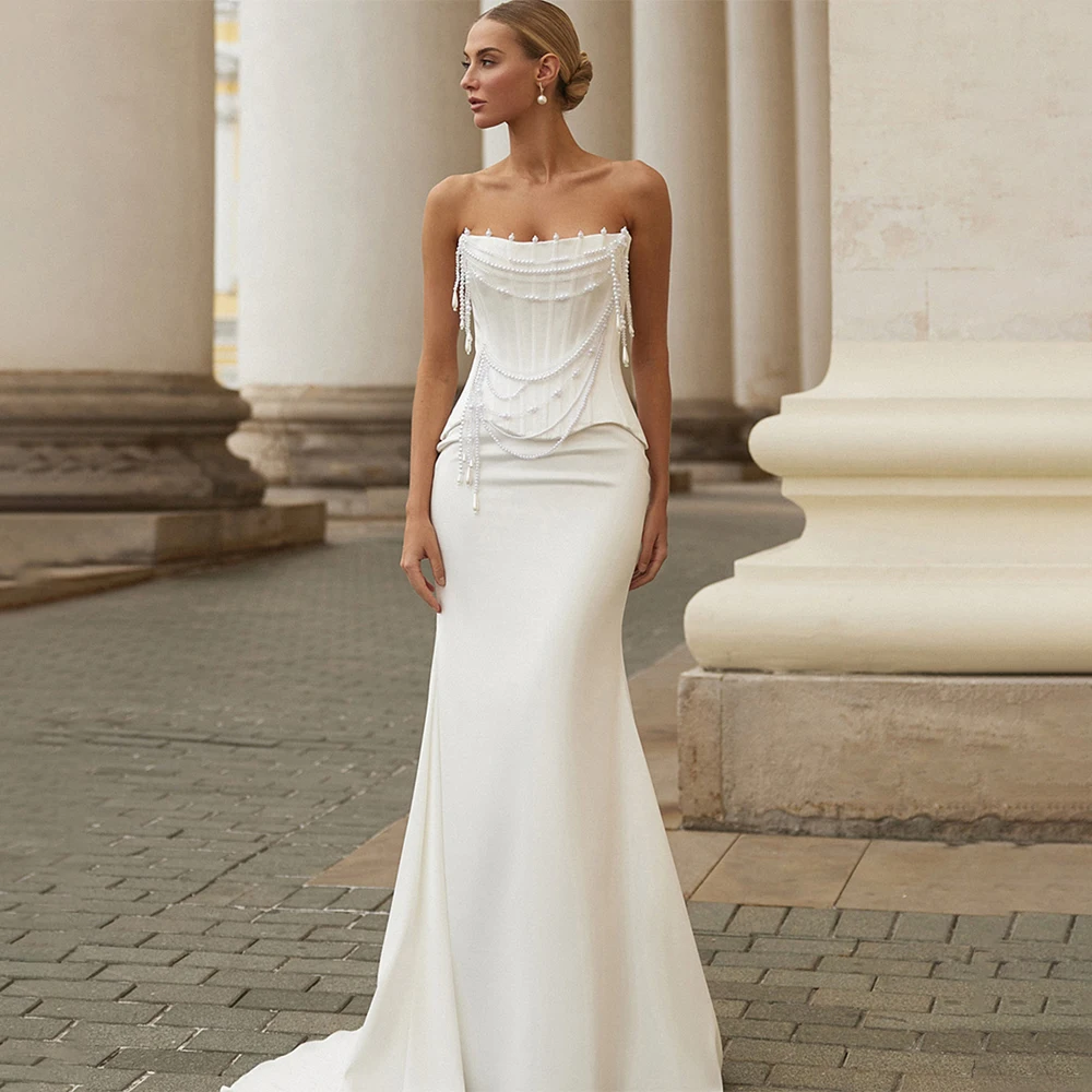 

Customized Elegant Strapless Mermaid Wedding Dress Floor Length Bridal Gown Backless Corset Bohemian Style for Brides