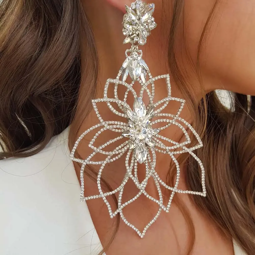 Stonefans New Hollow Exaggerate Flower Earrings Prom Wedding  Decoration Fashion Women Rhinestone Dangle Earrings Accessories