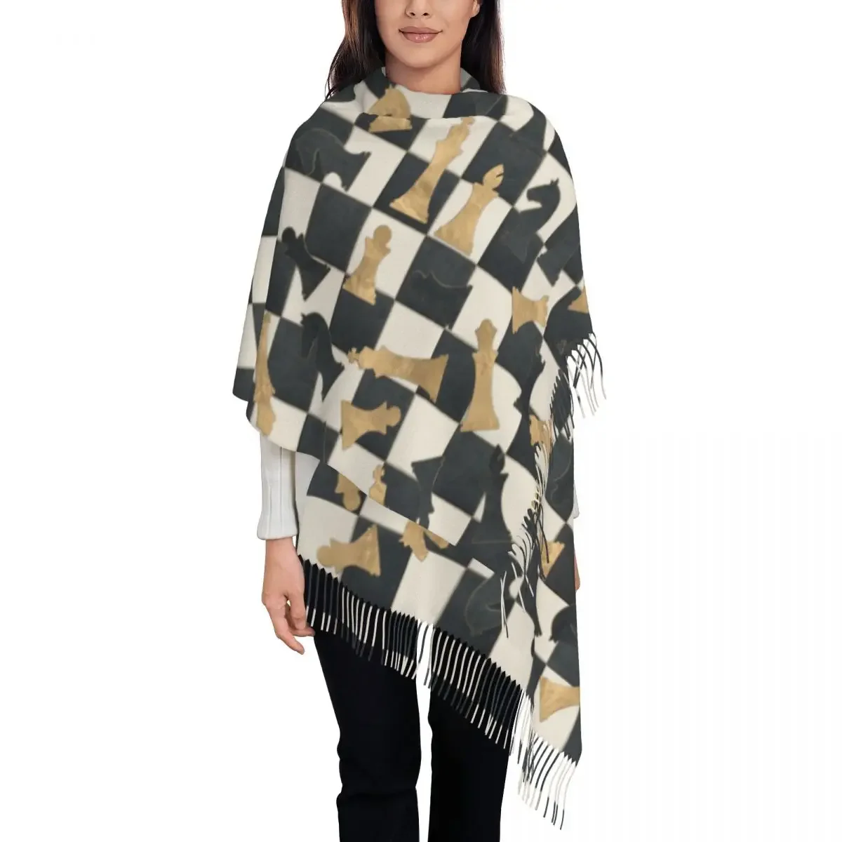 Chess Figures Pattern Leather And Gold Texture Scarf Wrap Women Long Winter Fall Warm Tassel Shawl Unisex Chessboard Scarves