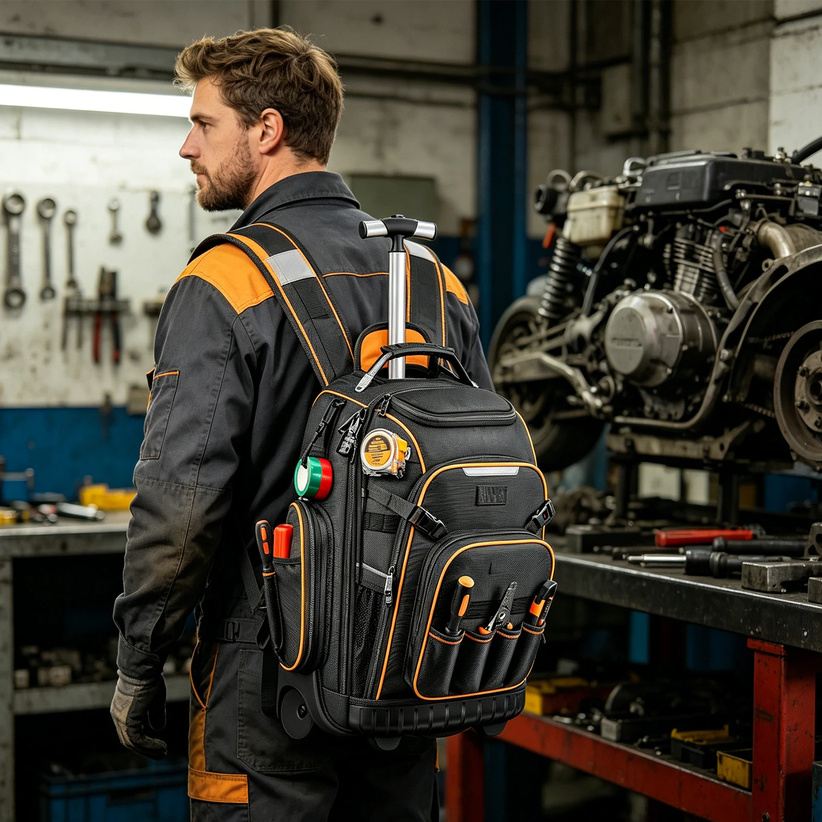 Tool Backpack USB Charging Port Electrician Backpack with Wheels Rolling Electrician Bag for Electrician Construction Mechanic