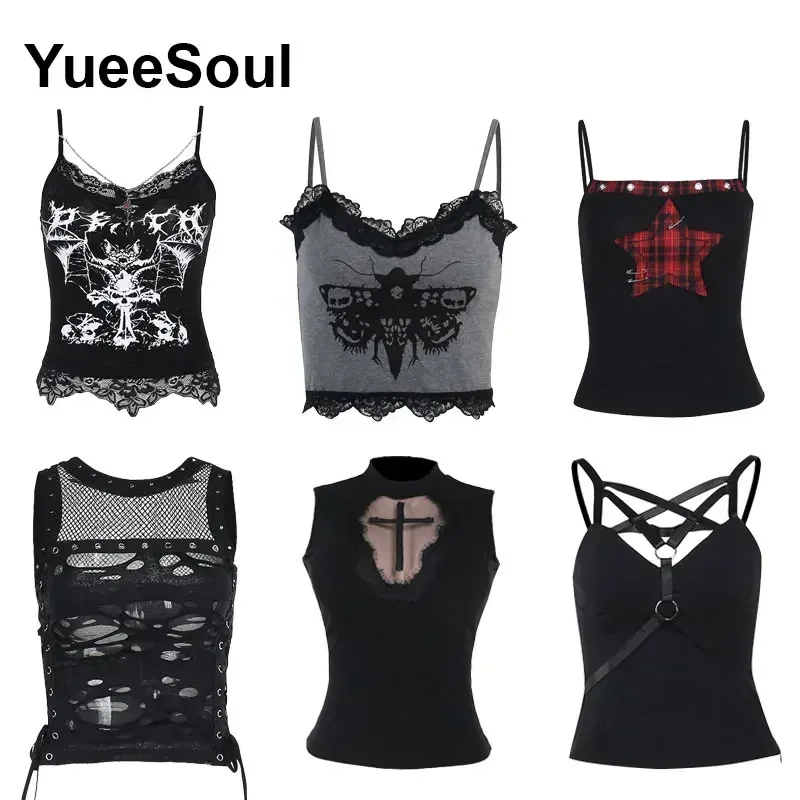 Gotico Crop Top Nero Della Cinghia di Spaghetti Maglia Sottile Corsetto Magliette e camicette 2024 Nuovo Goth Punk Grunge Fairy Core Sexy Y2K