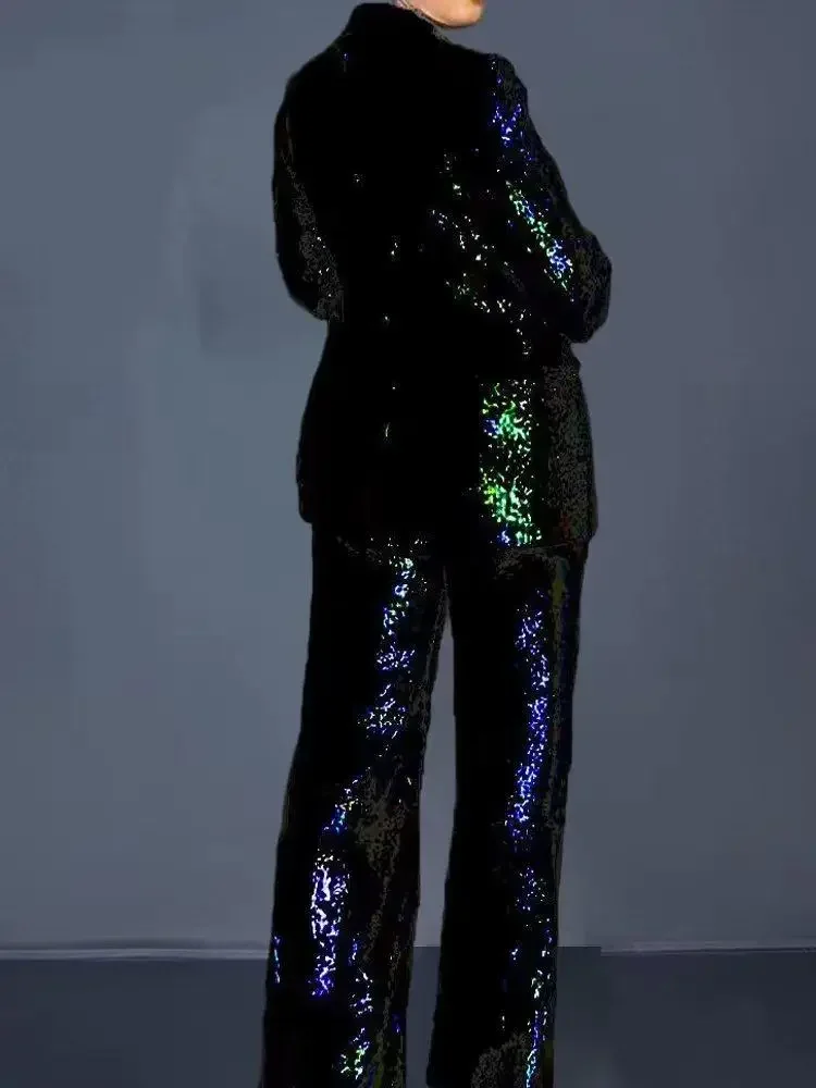 Pantaloni con paillettes e blazer Set da donna Lussuoso set da 2 pezzi Cappotto blazer a maniche lunghe primaverili Pantaloni a gamba larga a vita alta Abiti da donna