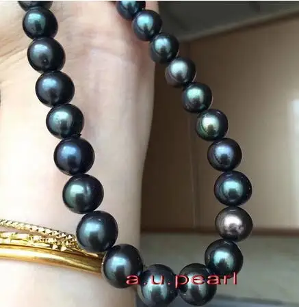 

AAAAA 18 inch 9-10mm Natural REAL ROUND TAHITIAN black pearl necklace