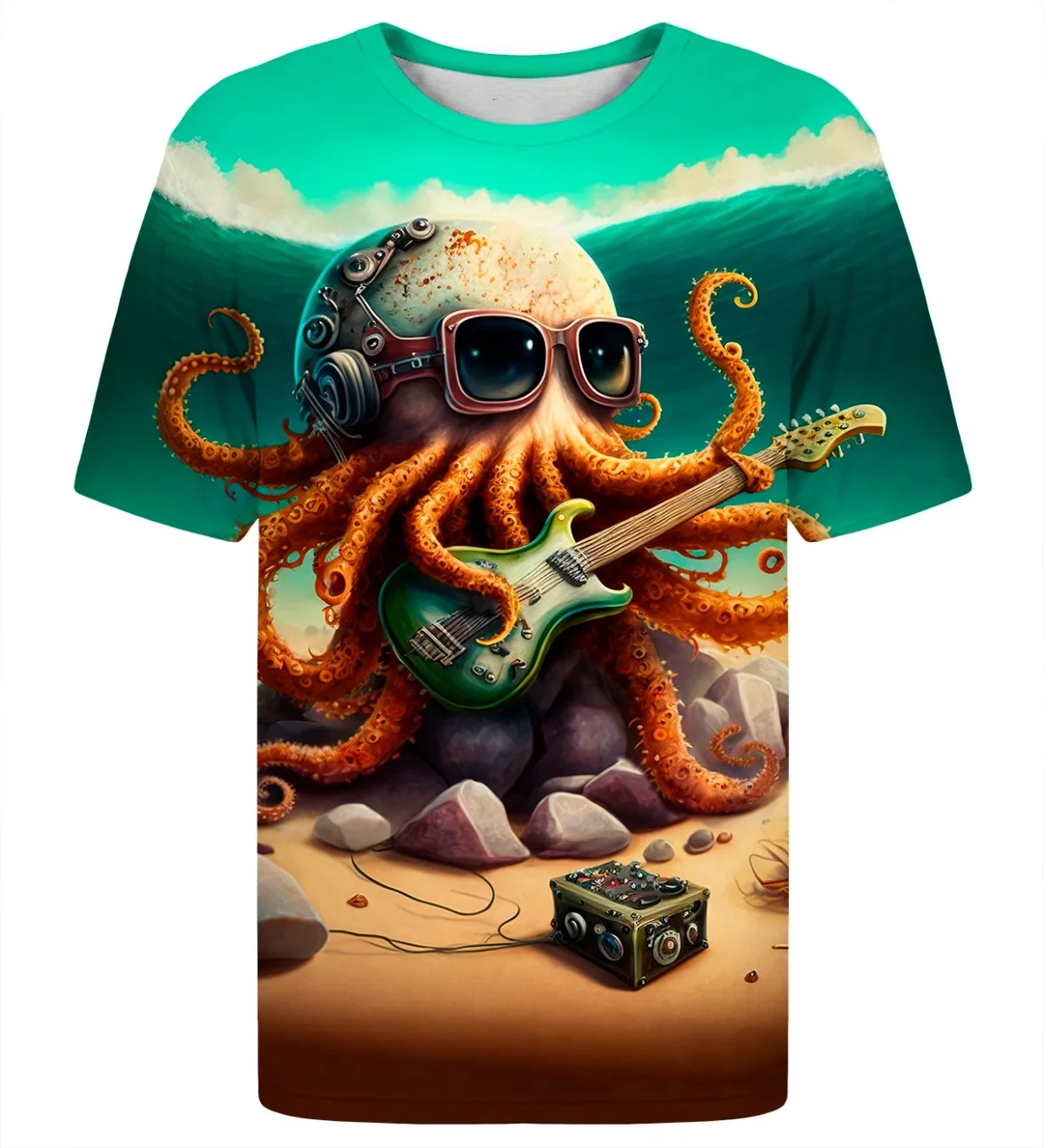 Novelty Art Rock Octopus Print T-shirt, Fun Anthropomorphic Octopus Playing Guitar Beach Ocean Art Quick-Drying T-shirt