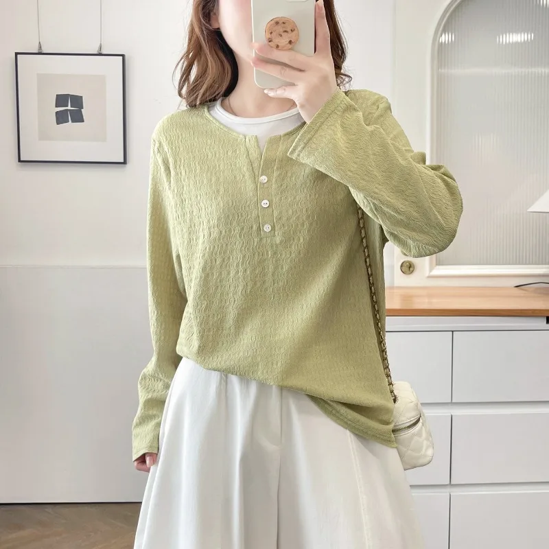 Women Mock Two Piece Long Sleeve Top Early Autumn Textured Fabric Loose Hide Belly T Shirt