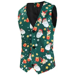 Mens Christmas Suit Vest Single-Breasted Tank Holiday Festival Xmas Elk Snowflakes Printed Jacquard Waistcoat Halloween Party ﻿