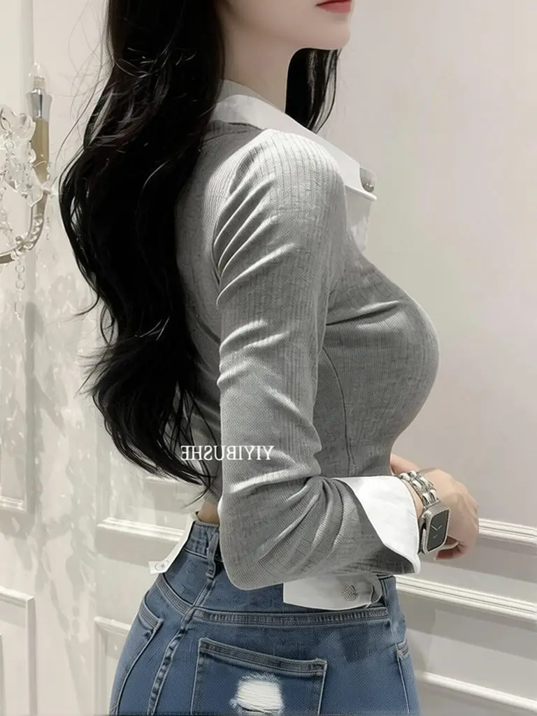 Fake Two-piece Sexy Polo T-shirt Women Basic Button up Layered Tee Long Sleeve Crop Top Fashion Work Wear