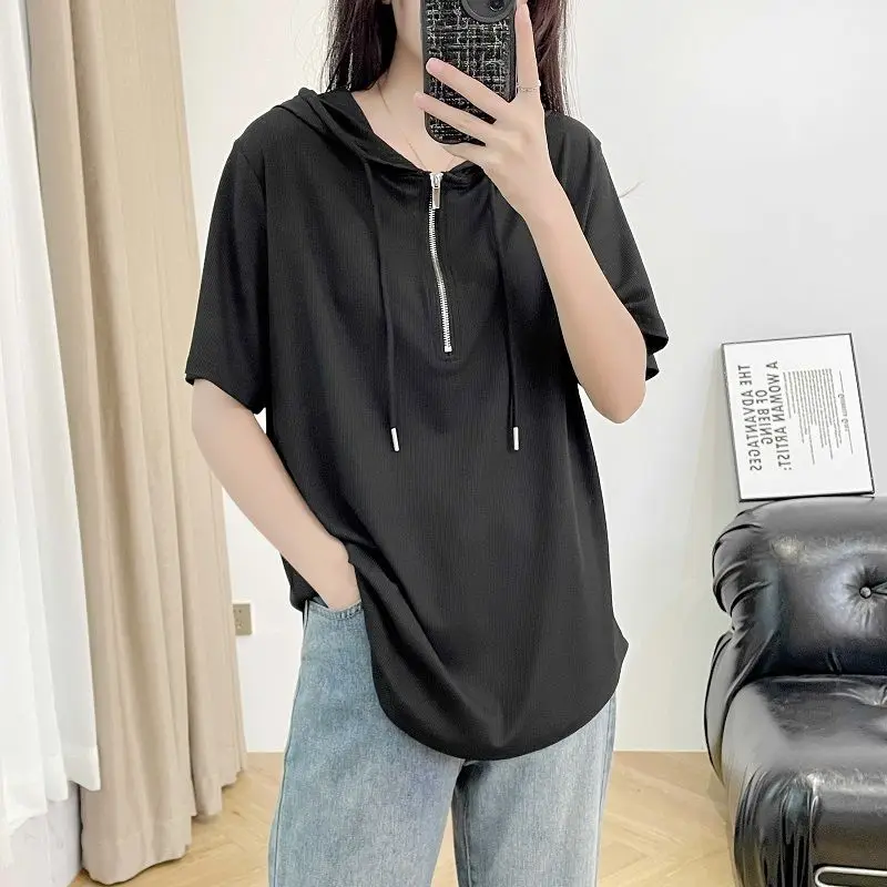 Fashion Loose Zipper Solid Color Lace Up Hooded T-Shirts Female Clothing 2024 Summer New Oversized Casual Tops Korean Tee Shirt