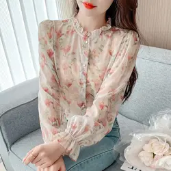 Floral Chiffon Shirt Women's New Style Temperament Black Fungus Edge Stand Up Collar Small Shirt Super Beautiful Trumpet Slee