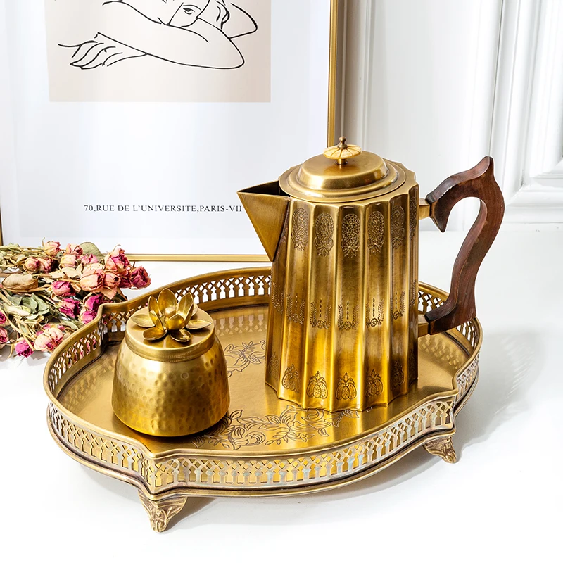 European imported carved wood handle brass cold kettle