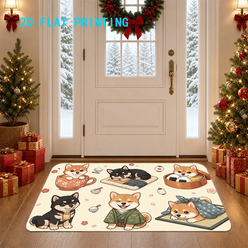 Cute Shiba Inu Door Mat, Cartoon Dog Pattern, Beige Non-slip Bathroom Rug, Absorbent Entrance Floor Mat, Pet Lover Home Decor