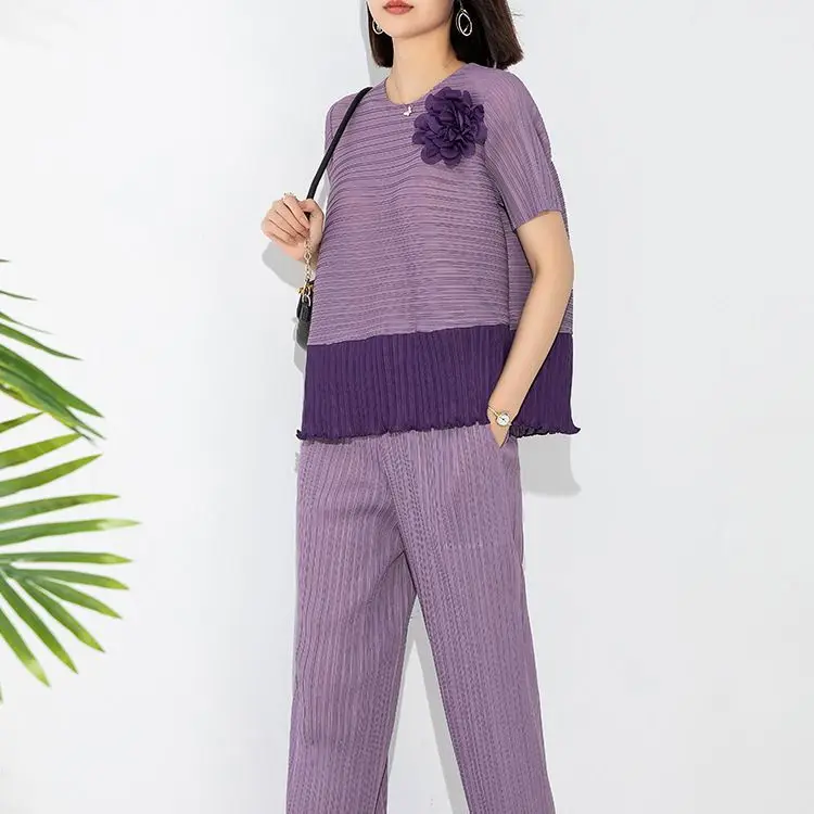 Miyake Pleated Fashion Set Two-Piece Women 2023 Summer New Contrast Color Pullover Top High Waist Tight Edge Straight-Leg Pants