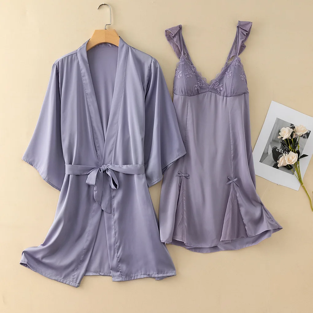 

Summer Female Kimono Robe Gown Sleepwear Sexy Lace Bathrobe Spaghetti Strap Nightdress Two Piece Set Casual Satin Lounge Wear