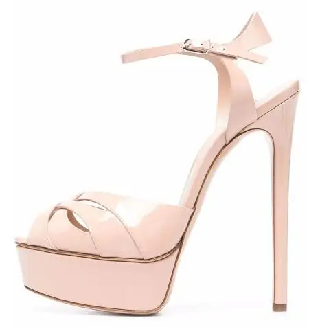 

Pink Nude Black Patent Leather Cross Strap Ankle Buckle Thin Heels Summer Sandals Women Peep Toe Platform High Heel Shoes Lady