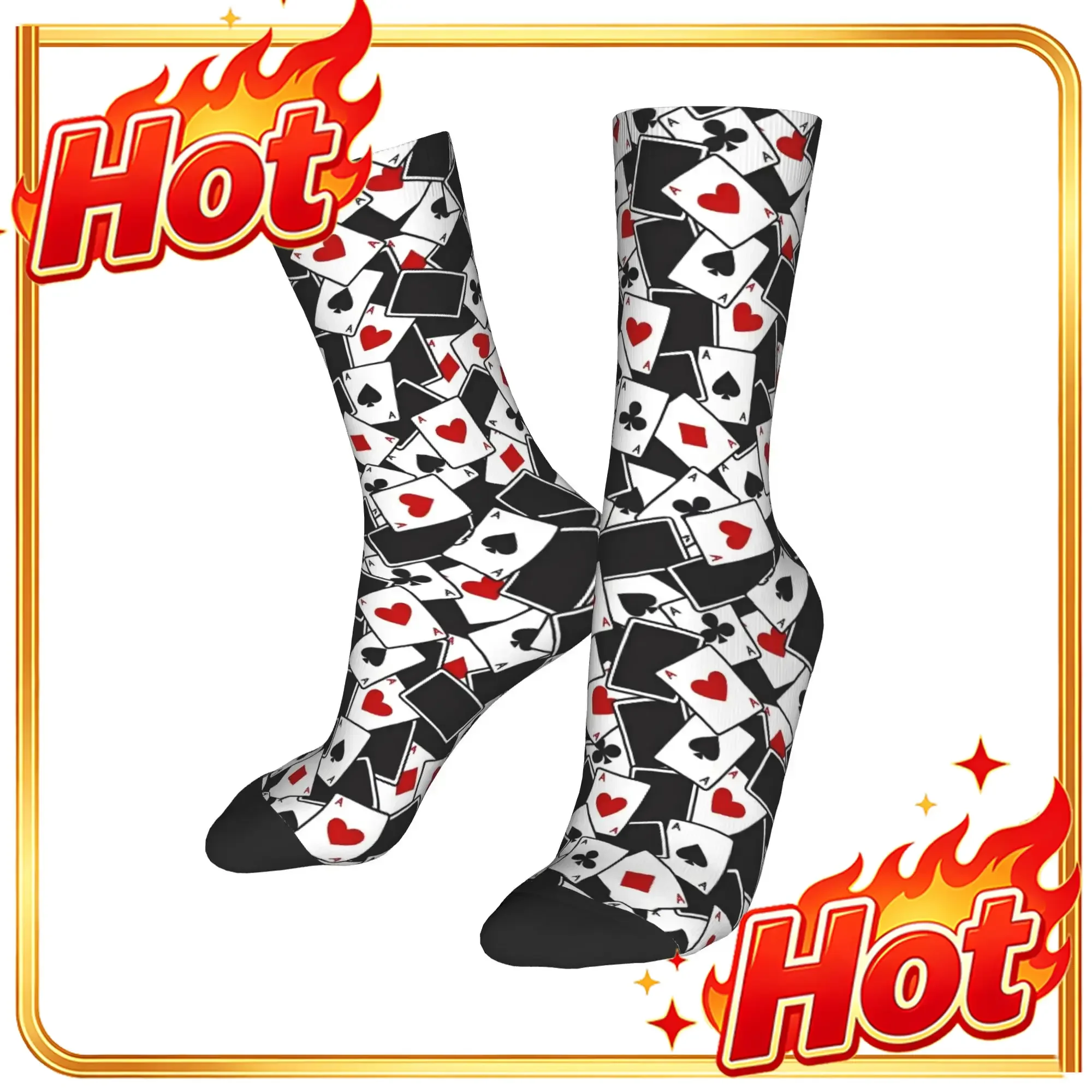 Chaussettes habillées unisexes pour hommes, motif poker original, respirantes et chaudes, imprimées en 3D avec symboles de cartes (cœur, pique, carreau, trèfle), chaussettes mi-mollet