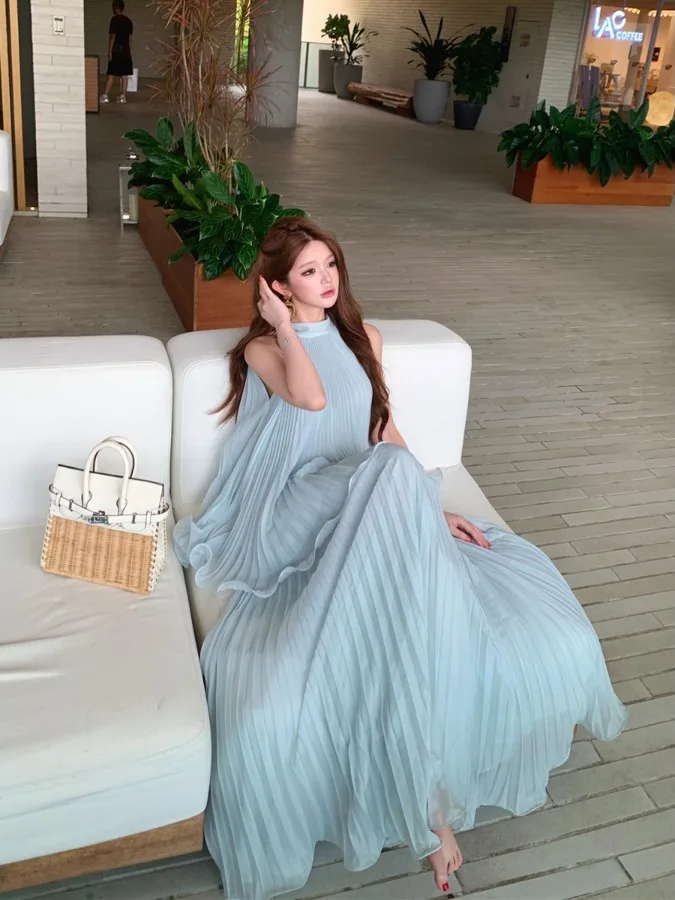 

Summer Sexy Vacation Style Sleeveless Pleated Sash Chiffon Top Half Skirt Long Dress Set Women's Fashion Pleated Chiffon Dress