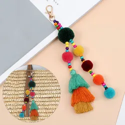 Big Plush Ball With Fringes Key Chain Bohemia Women's Purse Bag Charm Pompom Tassel Keychains Jewelry Diy Handmade Key Ring