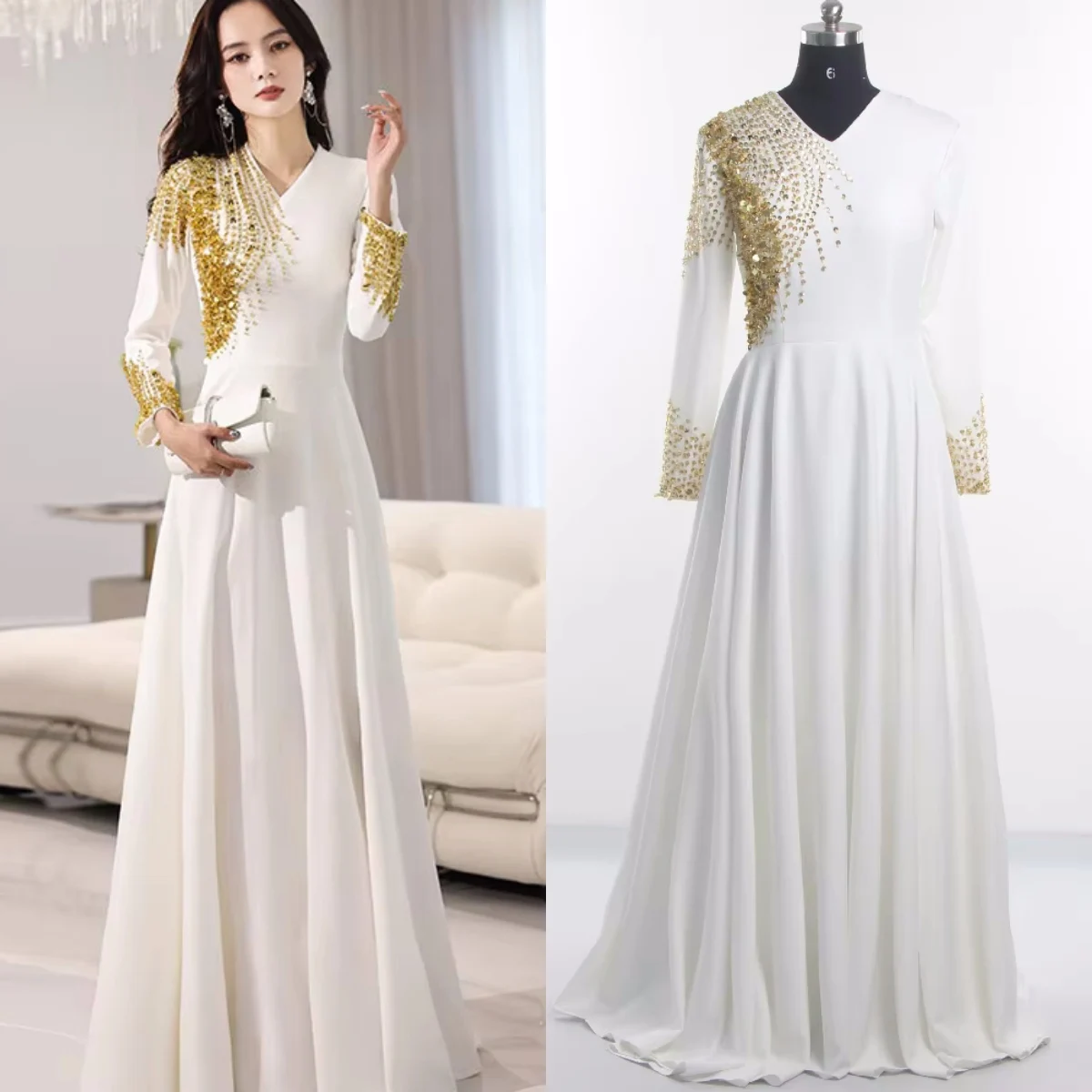 Robe de soirée blanche avec perles dorées, col en V, manches longues, fermeture éclair, plissé, longueur au sol, ligne A, robe de soirée formelle, photo réelle, A2385