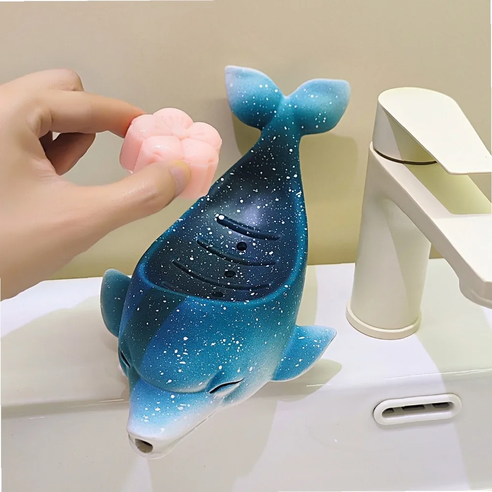 Cute Dolphin Ceramic Soap Dish Drainer Bathroom Shower Soap Holder Tray Non-Slip Quick Dry
