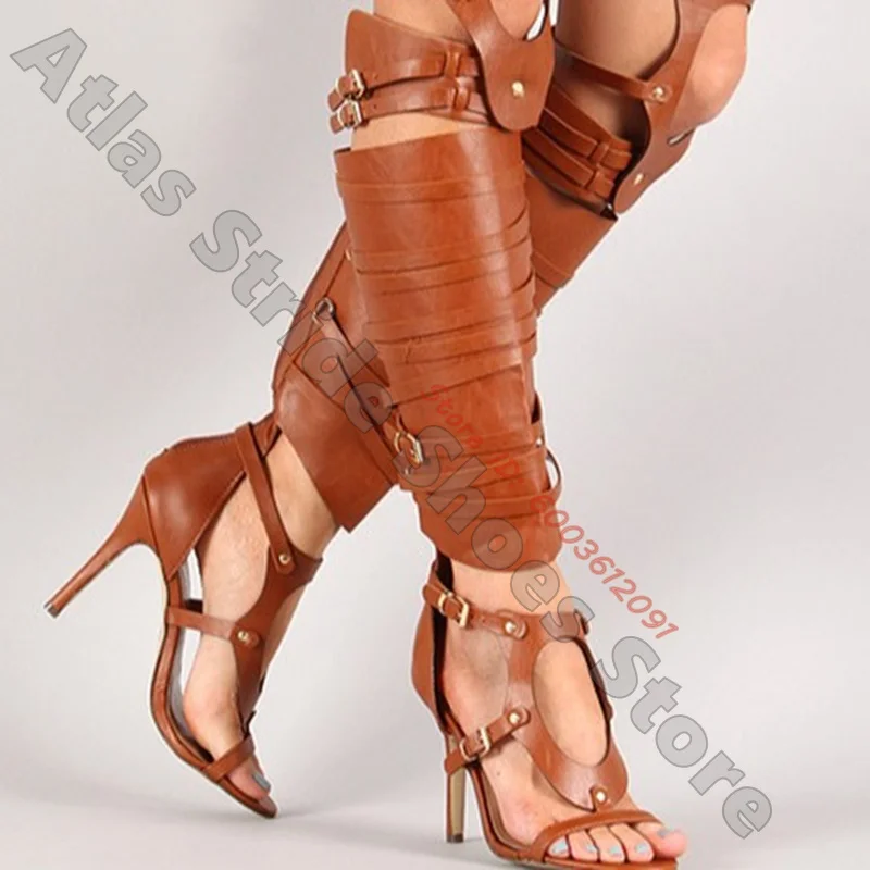 Multi-Buckle Knee-High Cutout Gladiator Stiletto Sandals Layered Leather Wrap Adjustable Buckled Leg Straps Dark Warrior Sandals