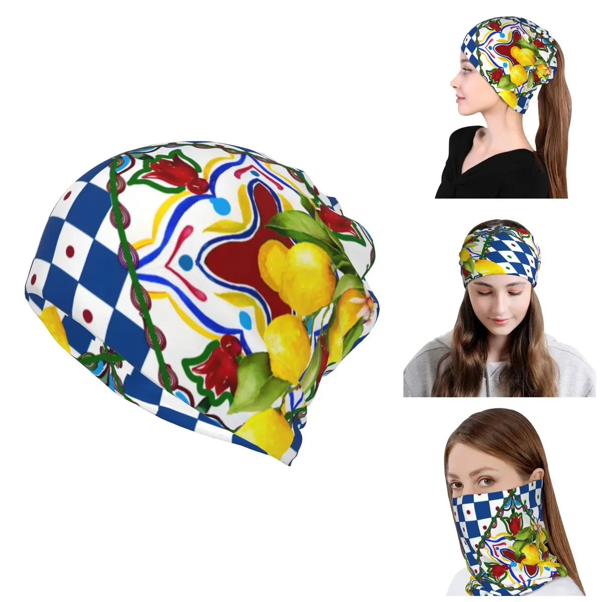 Custom Lemons Citrus Sicilian Tiles Skullies Beanies Caps Headband Neck Warmer Hiking Running Tube Scarf Face Bandana Gaiter