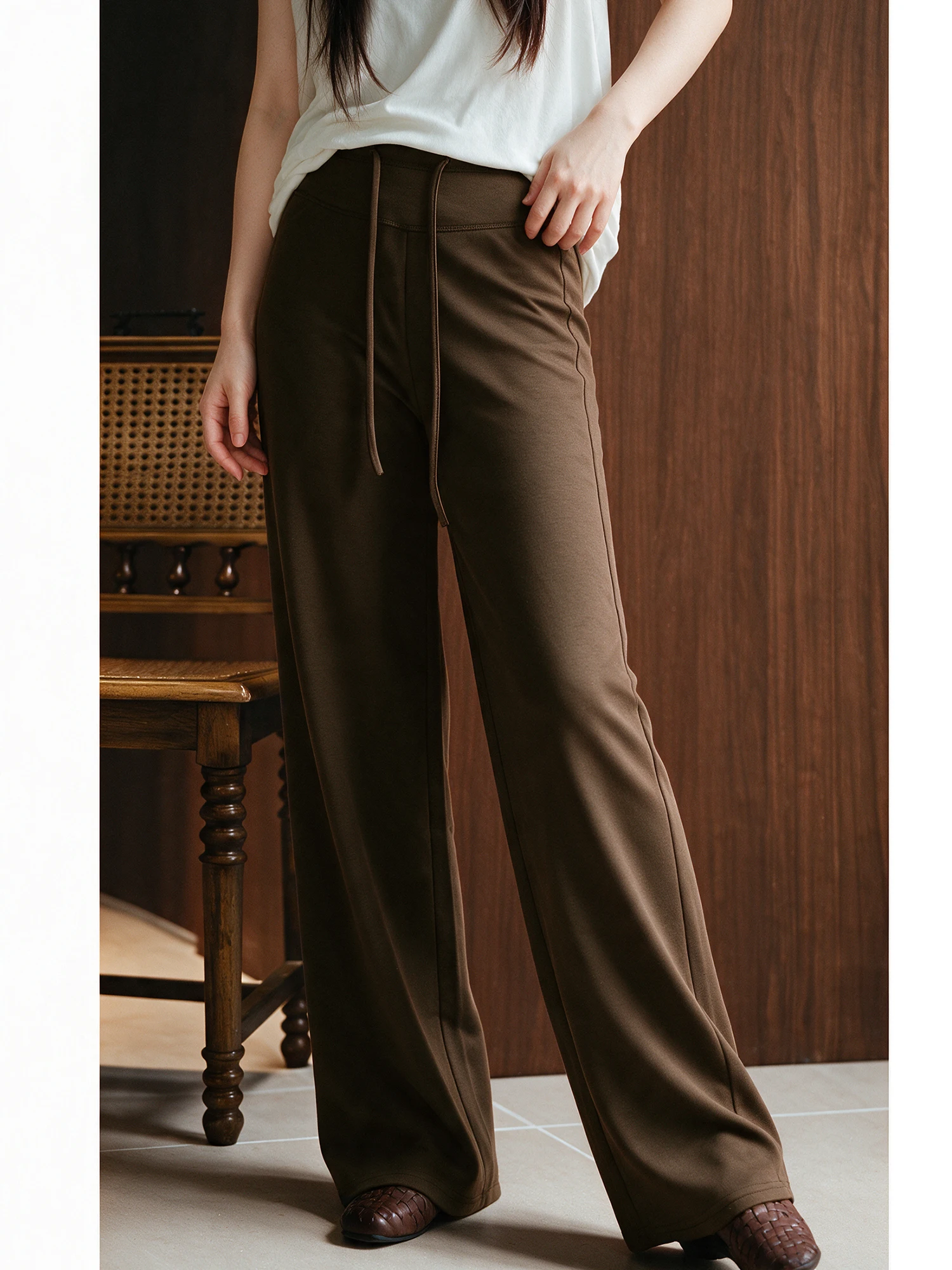 Anti-Wrinkle Lightweight Air Layer Flip Cover Loose Waist Wide Leg Casual Pants Comfortable Elastic Waistband Straight Leg Tr...